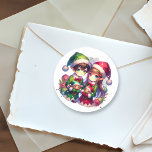 Cute Anime Elves Christmas Classic Round Sticker<br><div class="desc">Anime kids in Santa hats holding toys themed Christmas stickers with a watercolor look.</div>