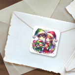 Cute Anime Elves Christmas Square Sticker<br><div class="desc">Anime kids in Santa hats holding toys themed Christmas stickers with a watercolor look.</div>