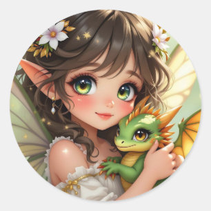 Cute Anime Fairy and Chibi Dragon  Classic Round Sticker