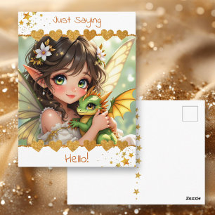 Cute Anime Fairy and Chibi Dragon   Hello! Postcard
