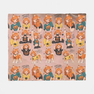 Cute Anime Fox Girl Halloween Gamer Expressions Pa Fleece Blanket