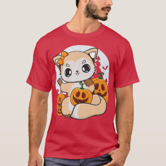 Cute Anime Fox With Kawaii Pumpkin For Halloween P T-Shirt