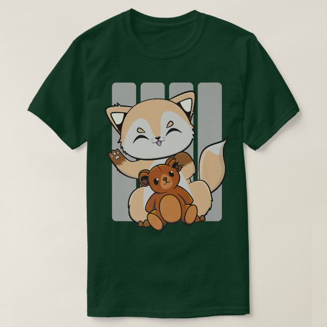 Cute Anime Fox With Kawaii Toy And Teddy Bear Prem T-Shirt (Design Front)