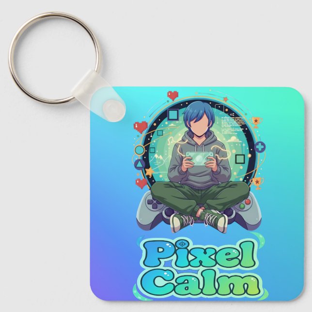 Cute Anime Gamer Boy Pixel Calm Key Ring (Front)
