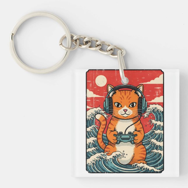 Cute Anime Gamer Cat Japanese Gaming Retro Key Ring (Front)
