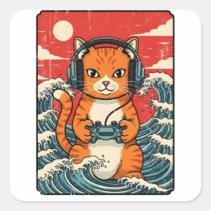 Cute Anime Gamer Cat Japanese Gaming Retro Square Sticker