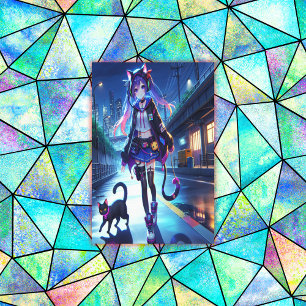 Cute Anime Gamer Girl & Cat Extra Large Canvas Print