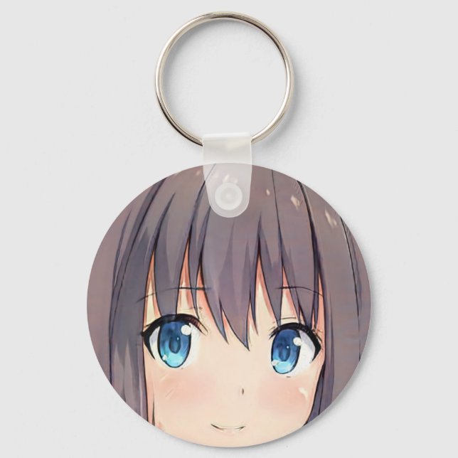 Cute anime girl brown hair blue eyes manga kitty  key ring (Front)