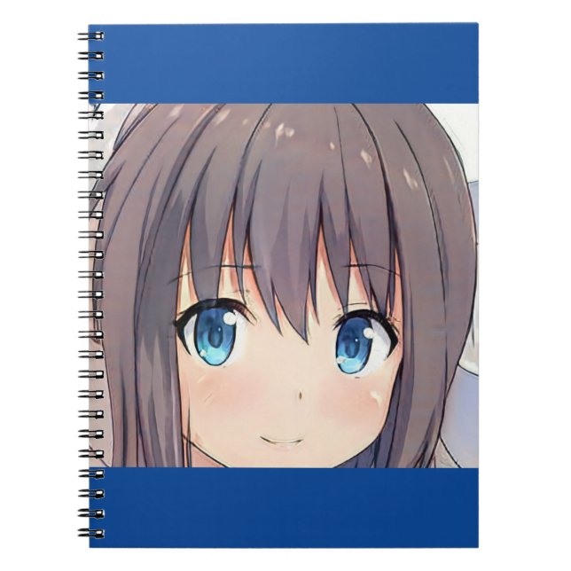 Cute anime girl brown hair blue eyes manga kitty notebook (Front)