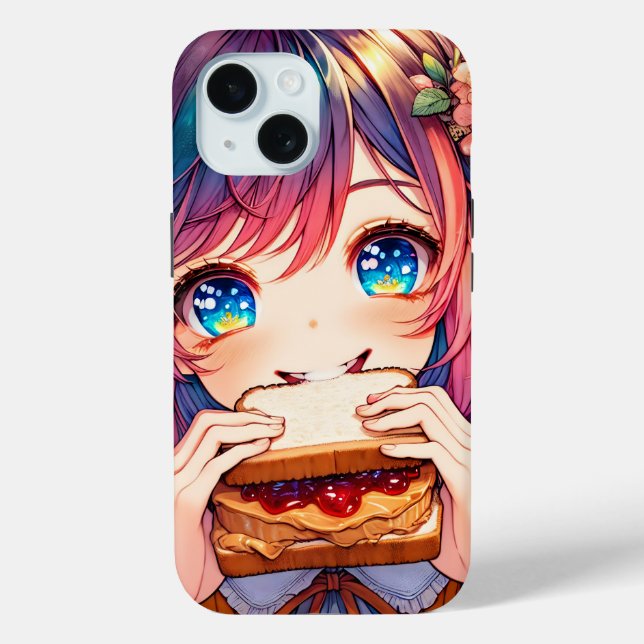 Cute Anime Girl eating a Peanut Butter and Jelly Case-Mate iPhone Case (Back)