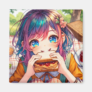 Cute Anime Girl eating a Peanut Butter and Jelly Magnet