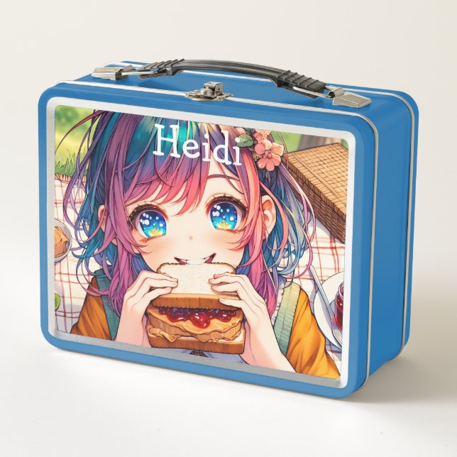 Cute Anime Girl eating a Peanut Butter and Jelly Metal Lunch Box (Front)