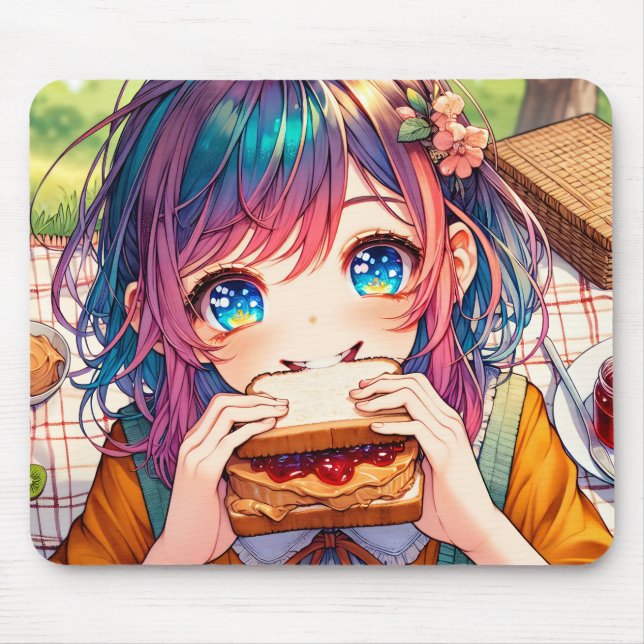 Cute Anime Girl eating a Peanut Butter and Jelly Mouse Pad (Front)