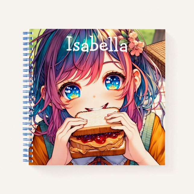 Cute Anime Girl eating a Peanut Butter and Jelly Notebook (Front)
