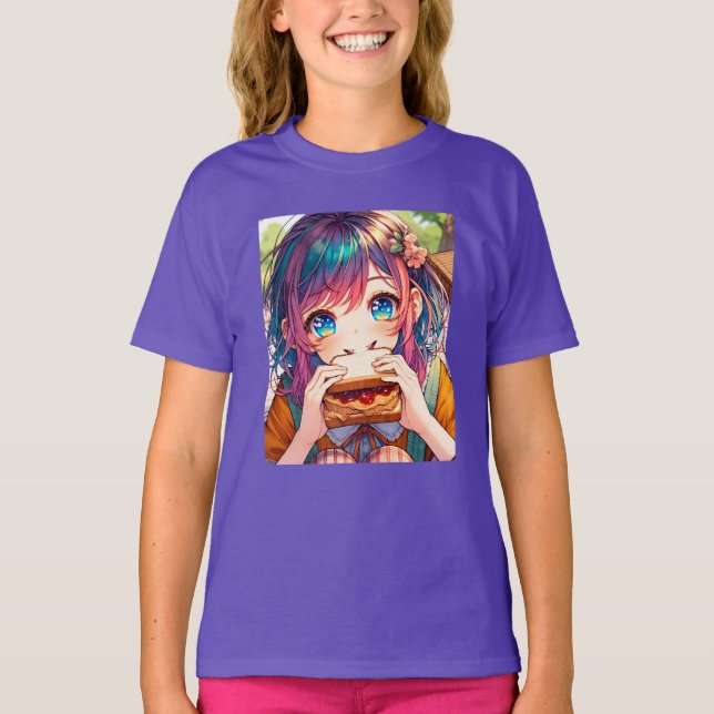 Cute Anime Girl eating a Peanut Butter and Jelly T-Shirt (Front)