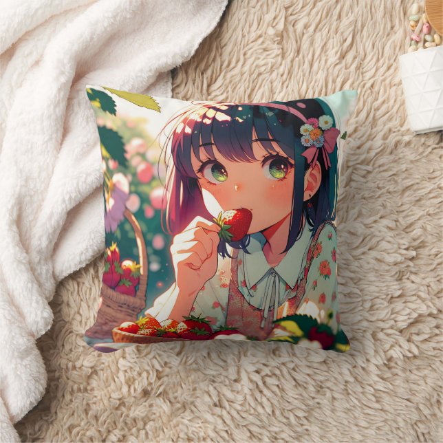 Cute Anime Girl Eating Strawberries   Cushion (Blanket)