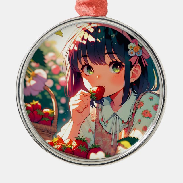 Cute Anime Girl Eating Strawberries   Metal Tree Decoration (Front)