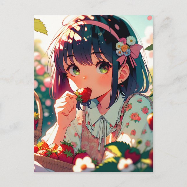 Cute Anime Girl Eating Strawberries   Postcard (Front)
