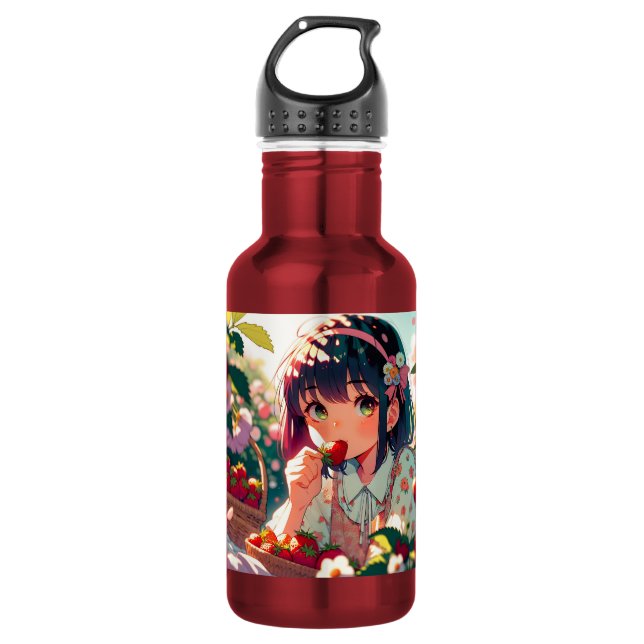 Cute Anime Girl Eating Strawberries | Summer Day 532 Ml Water Bottle (Front)