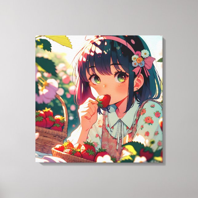 Cute Anime Girl Eating Strawberries | Summer Day Canvas Print (Front)