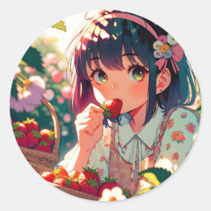 Cute Anime Girl Eating Strawberries Summer Day Classic Round Sticker