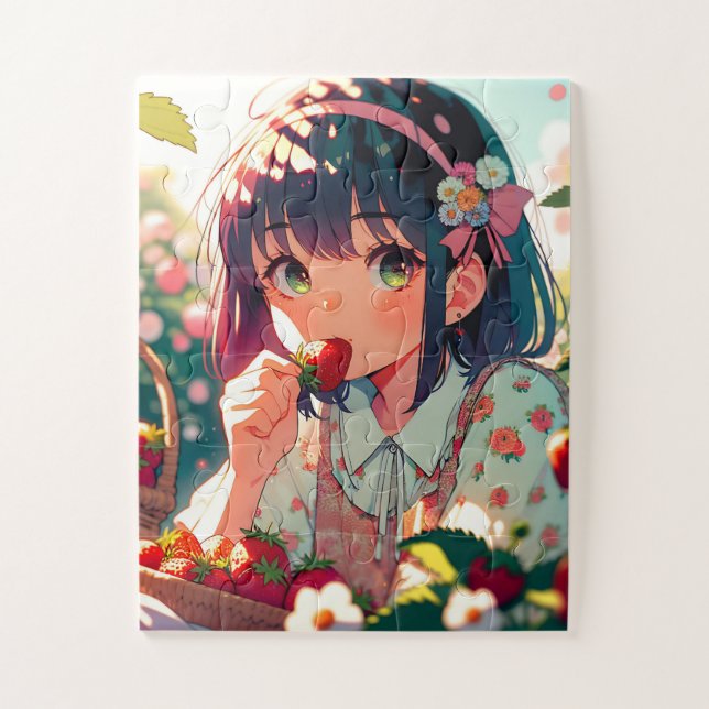 Cute Anime Girl Eating Strawberries | Summer Day Jigsaw Puzzle (Vertical)
