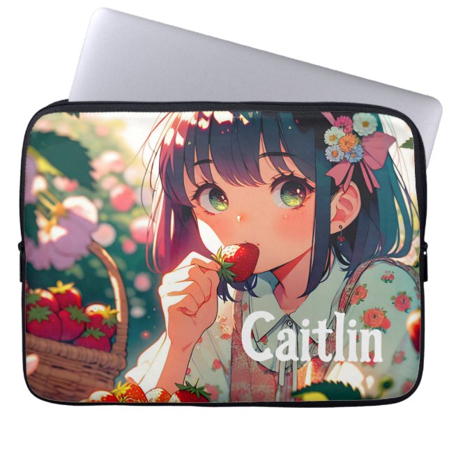 Cute Anime Girl Eating Strawberries | Summer Day Laptop Sleeve (Front)