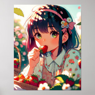 Cute Anime Girl Eating Strawberries Summer Day Poster