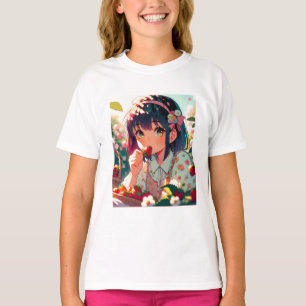 Cute Anime Girl Eating Strawberries Summer Day T-Shirt