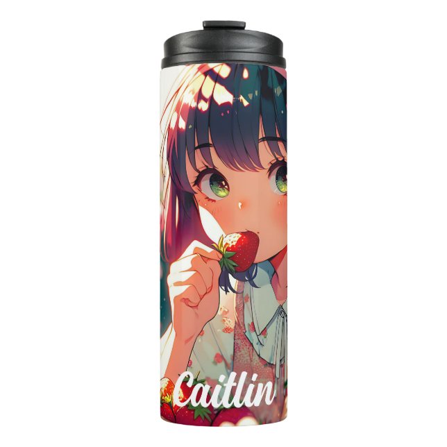 Cute Anime Girl Eating Strawberries | Summer Day Thermal Tumbler (Front)