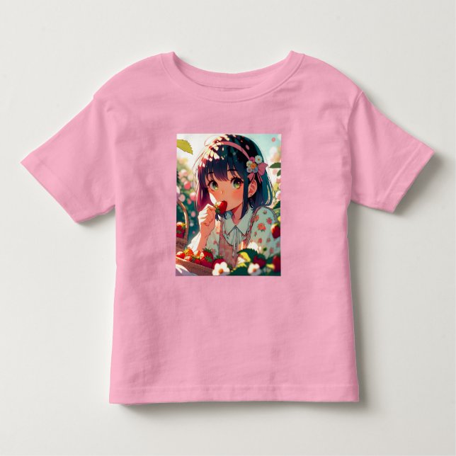 Cute Anime Girl Eating Strawberries | Summer Day Toddler T-Shirt (Front)