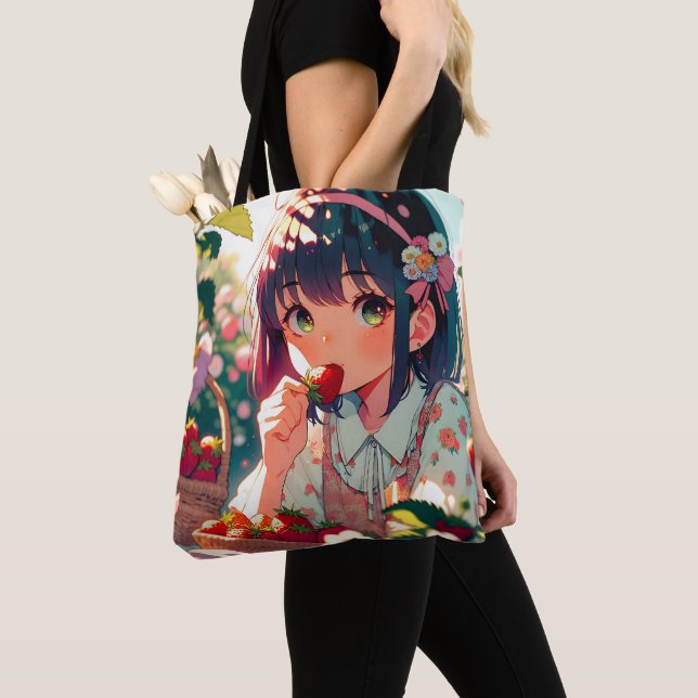 Cute Anime Girl Eating Strawberries | Summer Day Tote Bag (Close Up)
