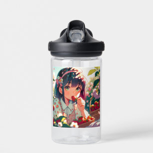 Cute Anime Girl Eating Strawberries Summer Day Water Bottle