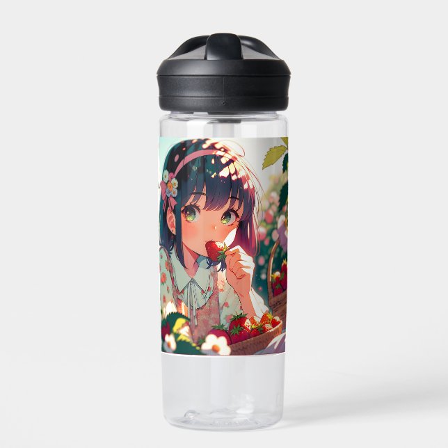 Cute Anime Girl Eating Strawberries | Summer Day Water Bottle (Front)