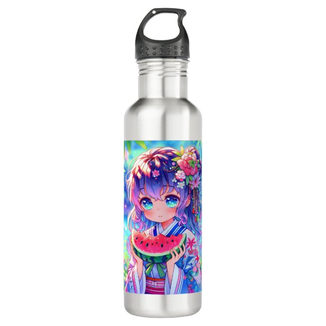 Cute Anime Girl Eating Watermelon on a Summer Day 710 Ml Water Bottle (Front)