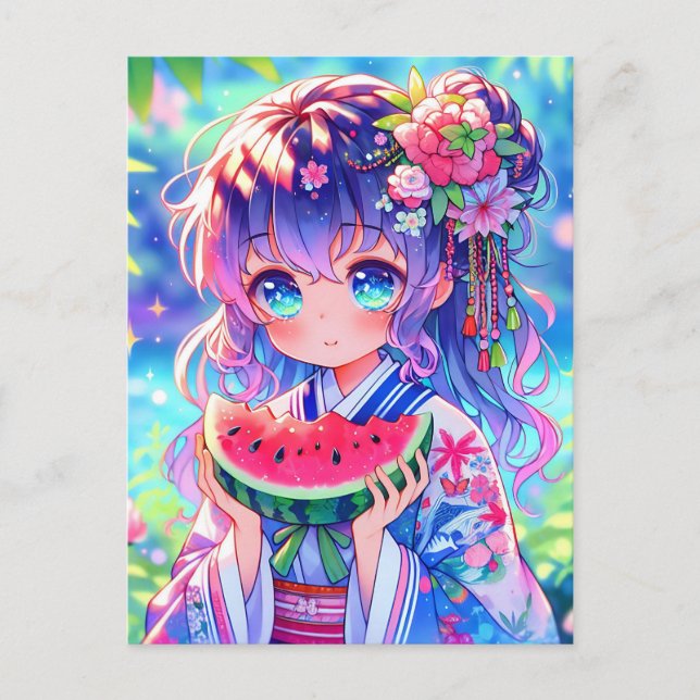 Cute Anime Girl Eating Watermelon on a Summer Day Postcard (Front)