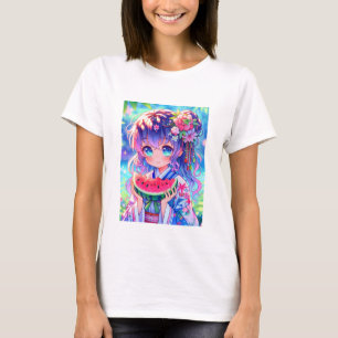 Cute Anime Girl Eating Watermelon on a Summer Day T-Shirt