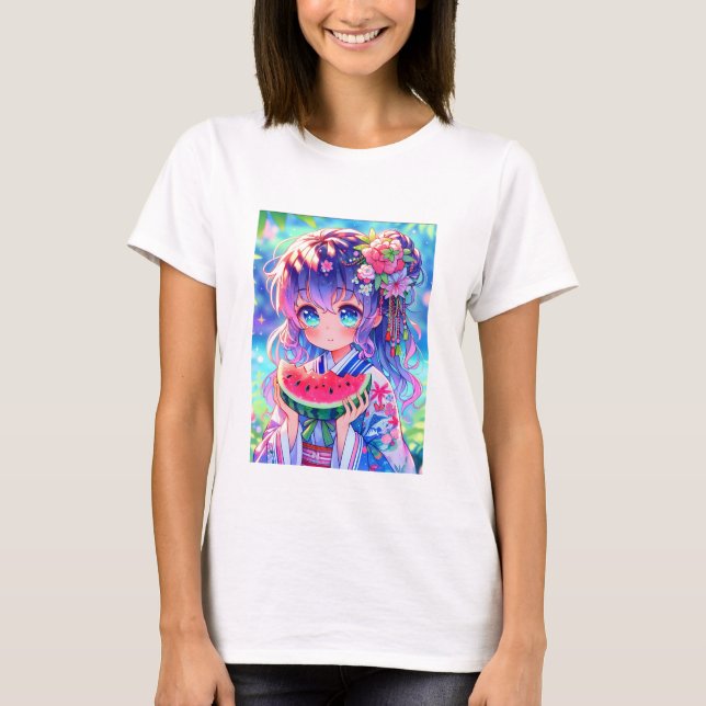 Cute Anime Girl Eating Watermelon on a Summer Day T-Shirt (Front)