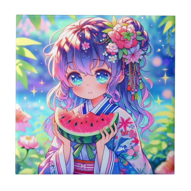 Cute Anime Girl Eating Watermelon on a Summer Day Tile (Front)
