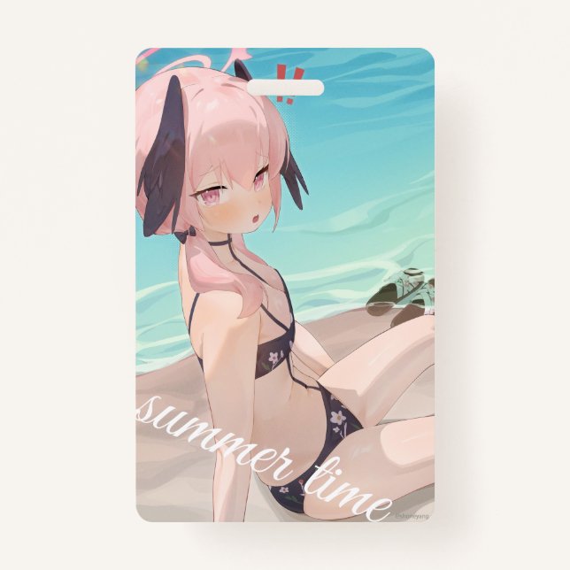Cute anime girl enjoying summer time on the beach ID badge (Front)