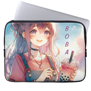Cute Anime Girl Holding a Boba Tea Laptop Sleeve