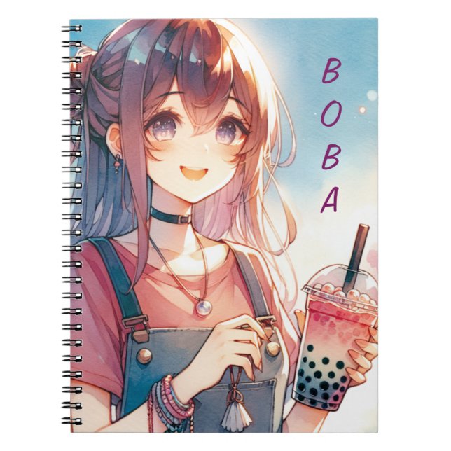Cute Anime Girl Holding a Boba Tea Notebook (Front)
