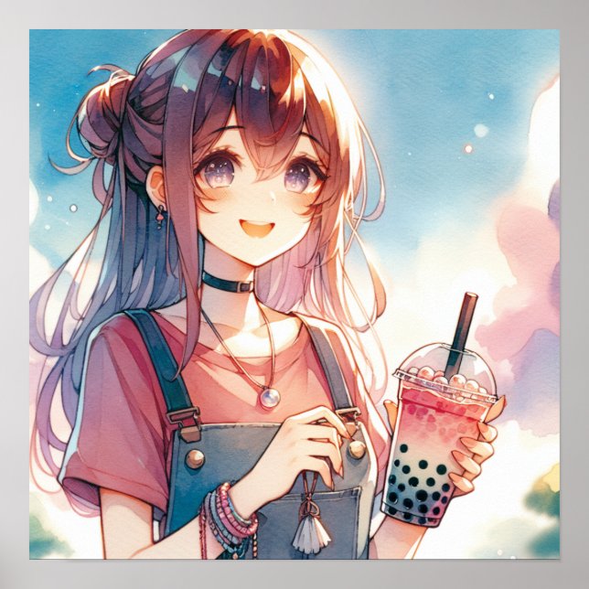 Cute Anime Girl Holding a Boba Tea Poster (Front)