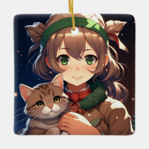 Cute Anime Girl Holding a Kitten Christmas Ceramic Ornament