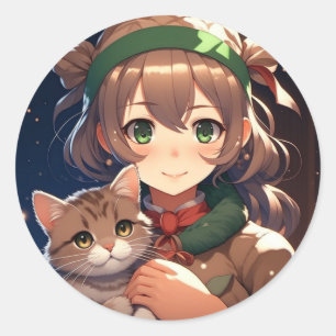 Cute Anime Girl Holding a Kitten Christmas Classic Round Sticker
