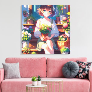 Cute Anime Girl holding a Plant  Canvas Print