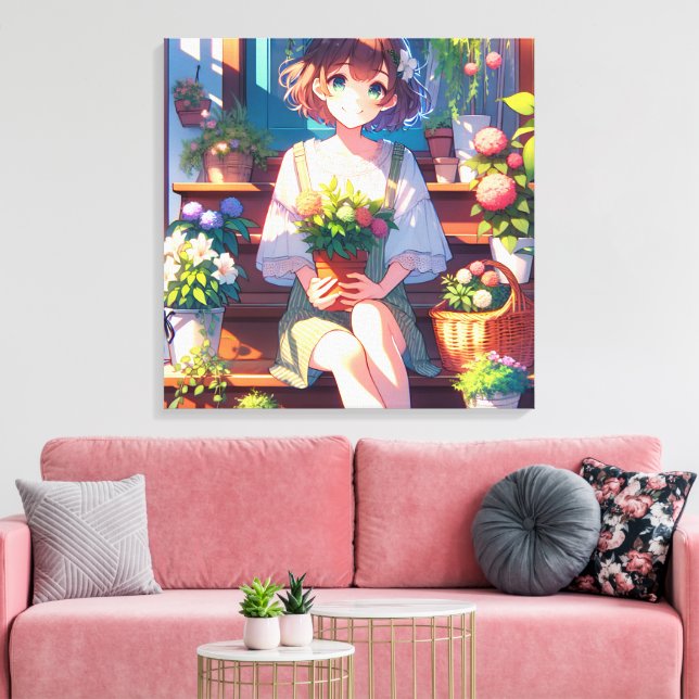 Cute Anime Girl holding a Plant  Canvas Print (Insitu(LivingRoom))