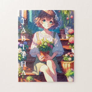 Cute Anime Girl holding a Plant Personalised Jigsaw Puzzle