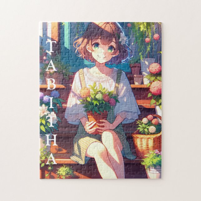 Cute Anime Girl holding a Plant Personalised Jigsaw Puzzle (Vertical)