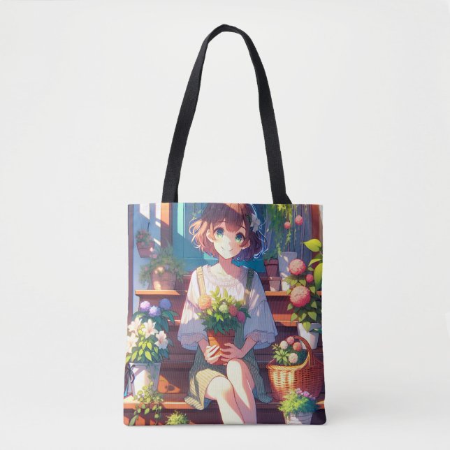 Cute Anime Girl holding a Plant  Tote Bag (Front)